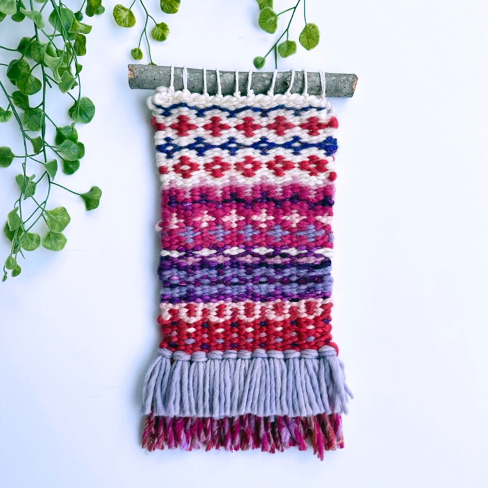 Scandinavian Inspired Wall Art Krokbragd Tapestry Red Purple Handwoven